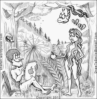  Apple on Adam  Eve  And The Ipad  Pen And Ink Drawing   Original Size  12  X 12