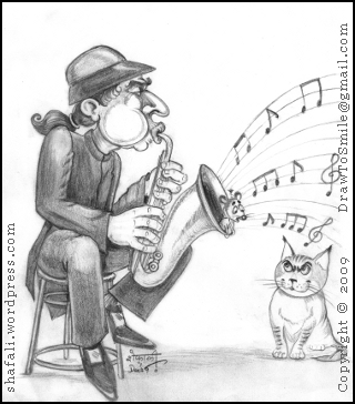 Musician blowing a trumpet, a confused rat, and a patient but hungry cat!