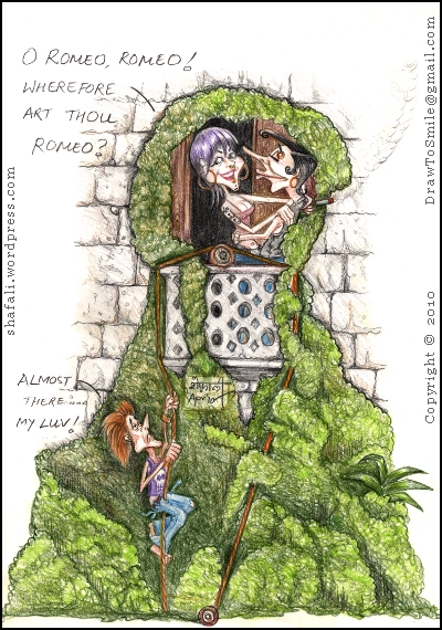 A Caricature, Cartoon, or picture of Romeo and Juliet, the characters from Shakespeare's drama, in a modern balcony scene.