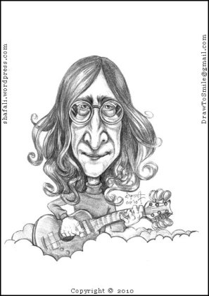 Caricature, Cartoon, Sketch, Portrait of John Lennon of the beatles, with his guitar