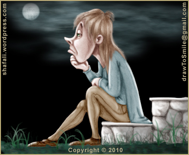 Caricature, Cartoon, Color Drawing of a Sad young man sitting on the steps - Concept image for the Tell the Story in the Caricature Blog Carnival.
