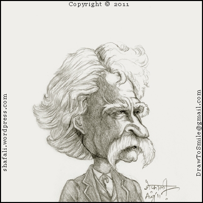 The caricature, cartoon, drawing, sketch, portrait of mark twain the famous american writer known for writing adventures of tom sawyer and adventures of huckleberry finn.