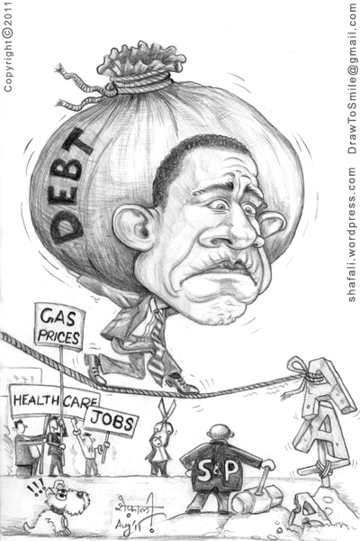 Political Cartoons - Caricature of Barack Obama, the US Debt Burden, and S&P reducing the credit rating to AA+