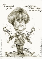 Caricature and Cartoon of Angela Merkel, the German Chancellor restrained from acting in the Eurozone crisis - A portrait and a sketch.