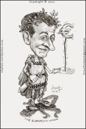 A Cartoon on the Eurozone Crisis - The Caricature, or Portrait of French President Nicolas Sarkozy, who managed to charm Angela Merkel into making a decision that could help sustain Euro.