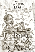 The caricature or cartoon of Mark Zuckerberg, the Facebook IPO - a drawing, sketch, portrait depicting Mark on the facebook logo while the initial investors make merry.