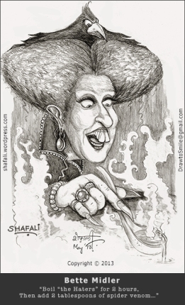 caricature, cartoon, black and white sketch portrait of Bette Midler as Winnie Sanderson, the witch of Hocus Pocusx