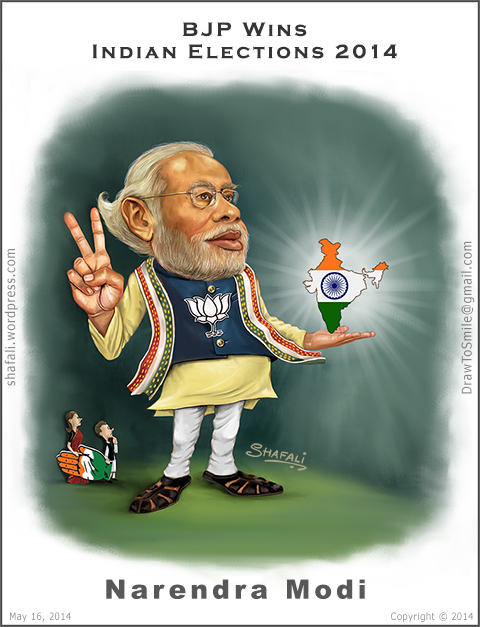 Caricature/Cartoon of Narendra Modi as BJP Wins Indian Elections 2014. |  Shafali's Caricatures, Portraits, and Cartoons