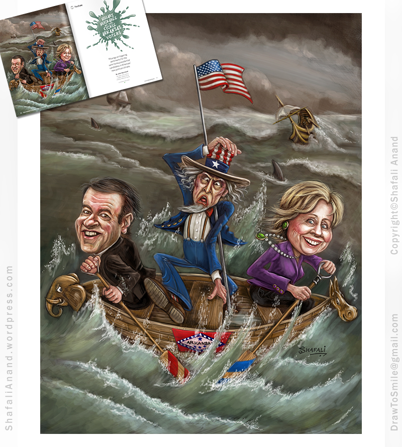 Caricature Illustration Mike Huckabee and Hillary Clinton (Presidential Candidates for 2016 Elections) Row a boat and take uncle sam for a boat-ride. Illustration for Talk Business and Politics, Arkansas.