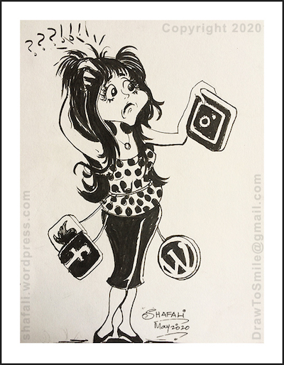 Caricature cartoon in black ink of woman girl artist confused about social-networking and trying to decide whether to use instagram or not.